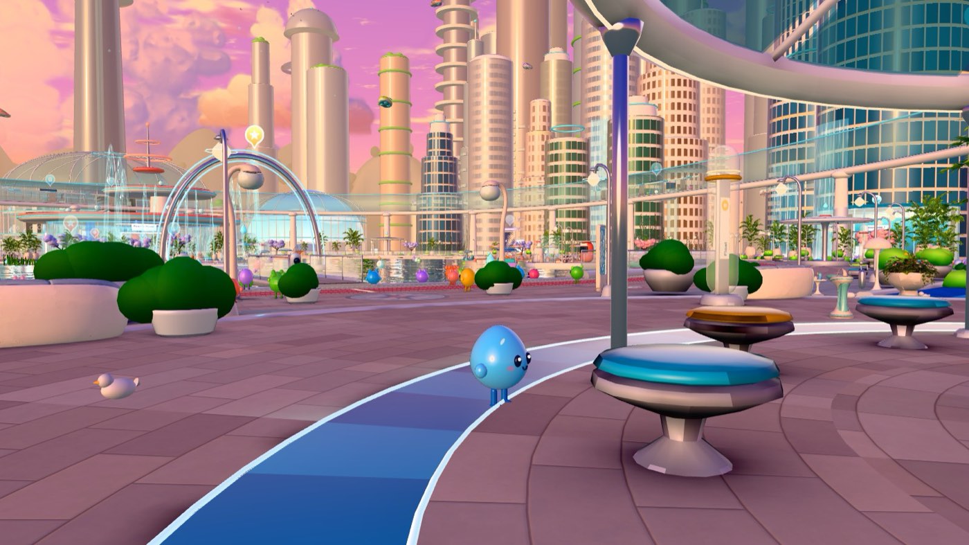 A buddy on the Float plaza with the city behind