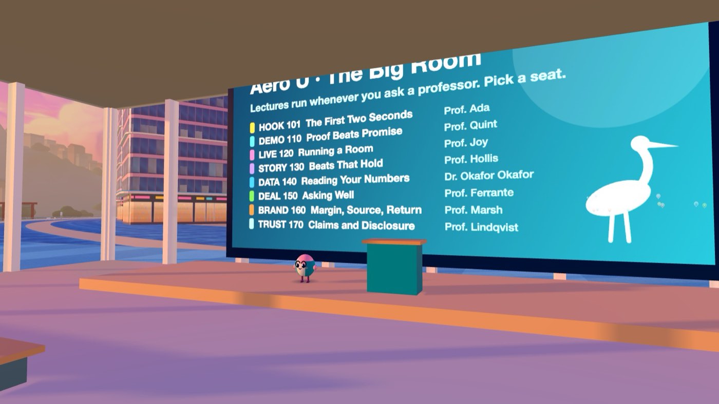 The Big Room at Aero University with the eight courses on screen