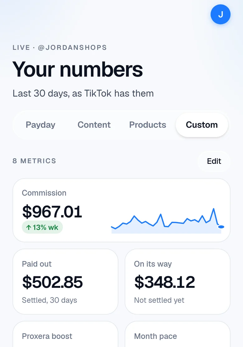 A custom dashboard of commission, payouts, Proxera boost and month pace