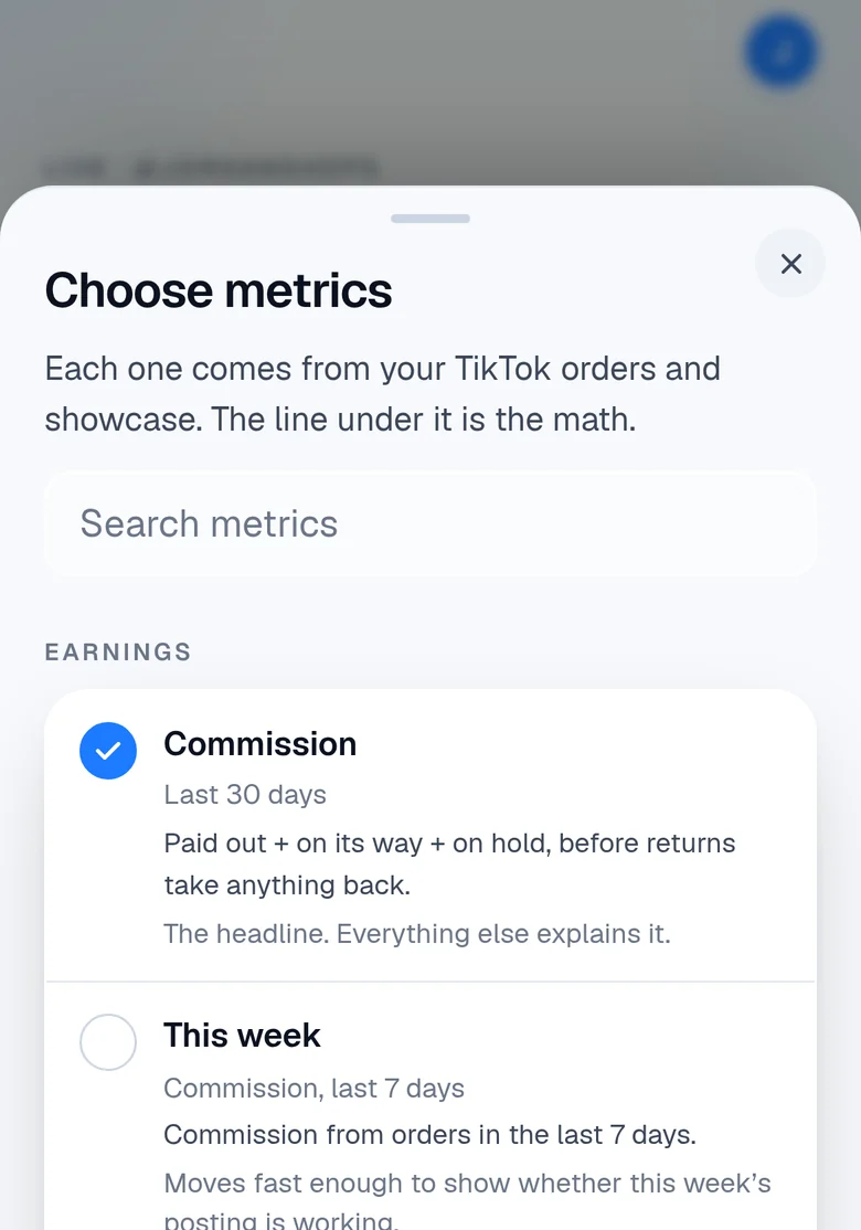 Choosing metrics, each with the math shown underneath
